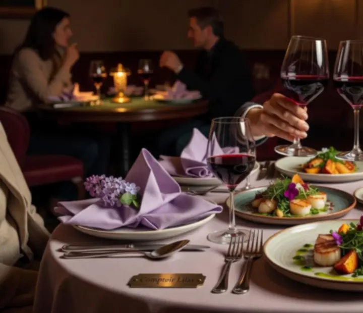 Ambiance de table en soirée avec assiettes, verres et lumière tamisée au Comptoir Lilas