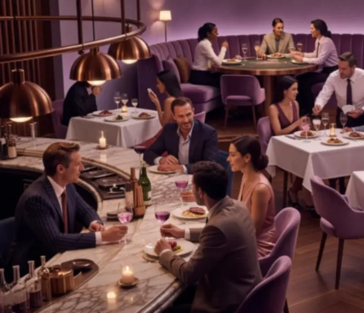 Soirée au Comptoir Lilas avec convives à table, cocktails et salon de cartes dans une ambiance nocturne