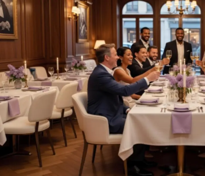 Groupe installé autour d’une grande table au Comptoir Lilas lors d’une privatisation.