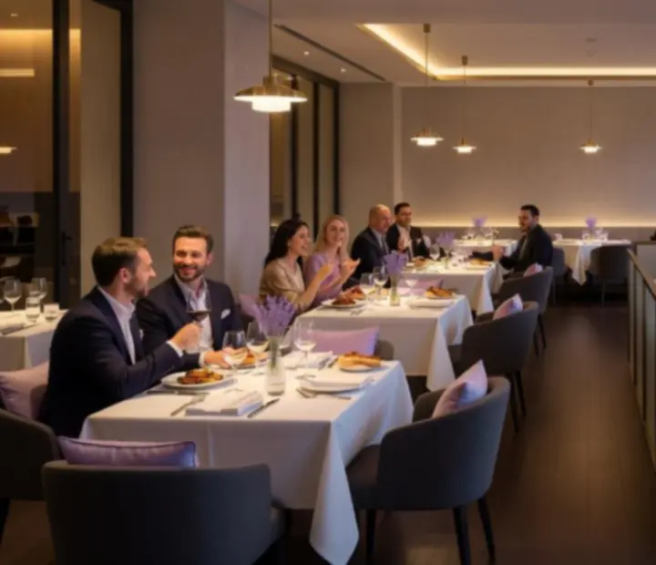 Vue nocturne du restaurant Comptoir Lilas avec ambiance lilas, lumière tamisée et salon de cartes élégant