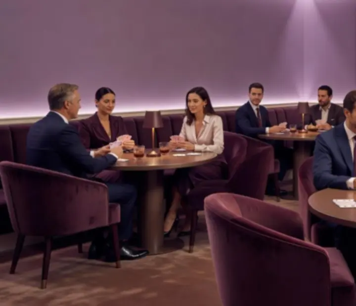 Ambiance lilas nocturne dans le salon de cartes du Comptoir Lilas