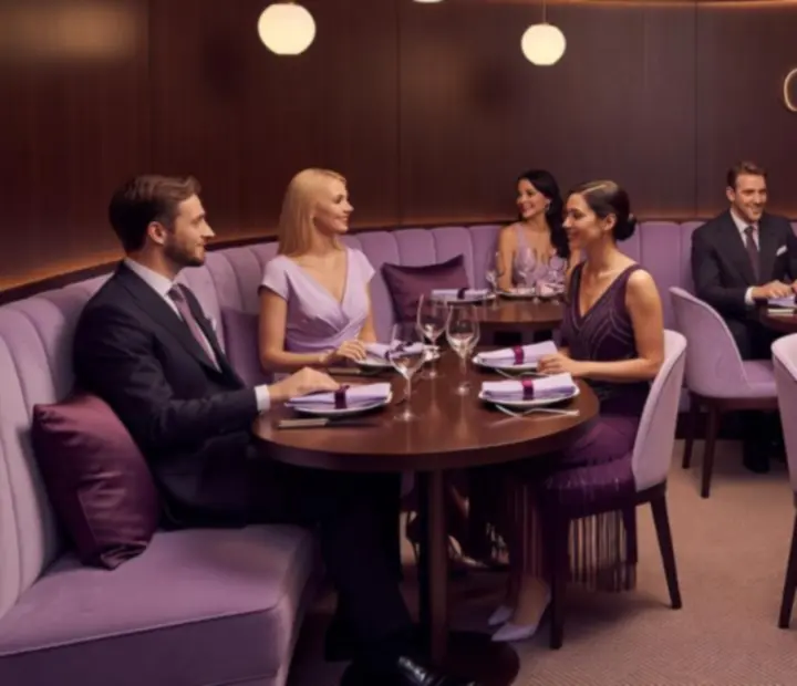Ambiance de soirée animée au Comptoir Lilas avec éclairage tamisé et tables élégantes