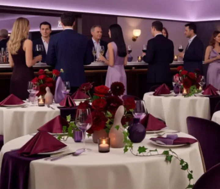 Salle du Comptoir Lilas préparée pour une soirée privée avec lumière tamisée et détails lilas.